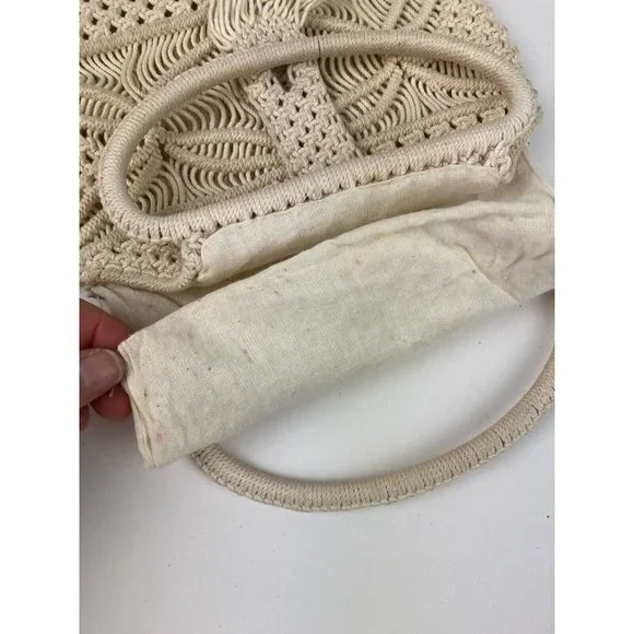 *Boho Small Macrame Purse Double Wood Handles Button Closure Lined - Picture 5 of 6